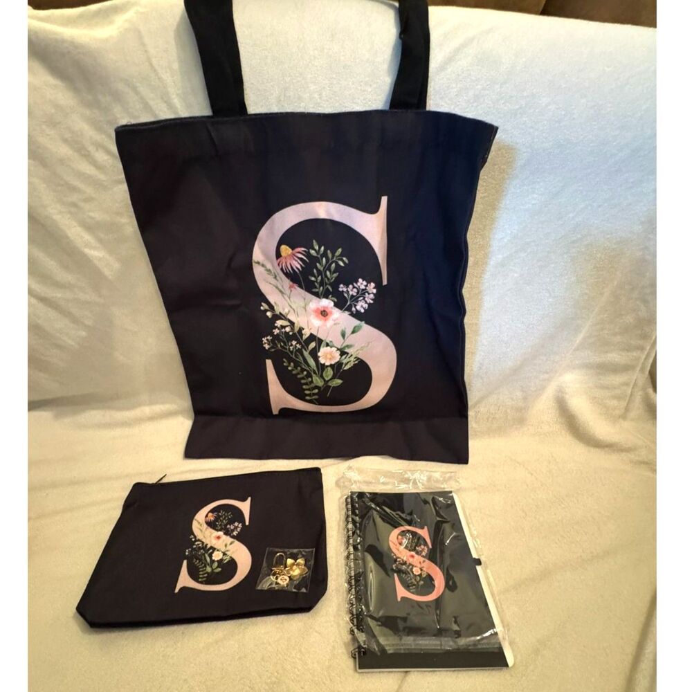 Talltalk Monogram Letter S Tote Bag & Cosmetic Gift Set – 4 Pieces